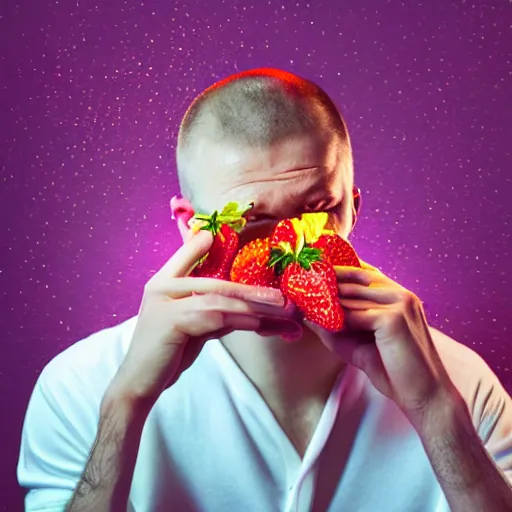 Prompt: a concerned man with a buzzcut eating strawberries in a purple room with yellow lights, medium shot, bokeh