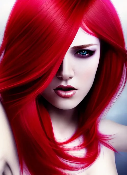 Image similar to photo of gorgeous woman with her right die hair dyed red and left side hair white in the style of stefan kostic, realistic, half body shot, sharp focus, 8 k high definition, insanely detailed, intricate, elegant, art by stanley lau and artgerm, foggy backgeound