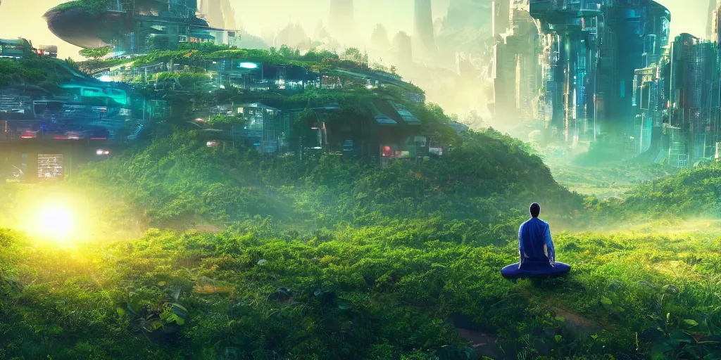 Prompt: a cinematic composition depicting : a computer run lush civilization encroaching on a degrading cyberpunk world, on top of the mountain a mysterious man sits in a lotus pose using his transformative energy to transition to a hopeful and lush foresty solarpunk valley at sunrise