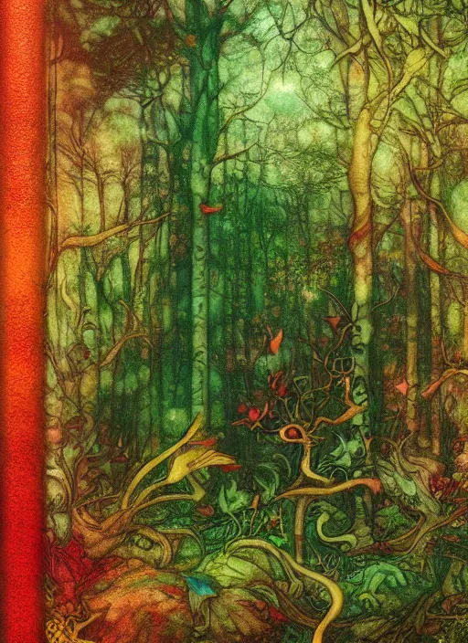 Image similar to magical fantasy forest, green red gold palette, by james jean and hiroshi yoshida and brian froud, photo, textured