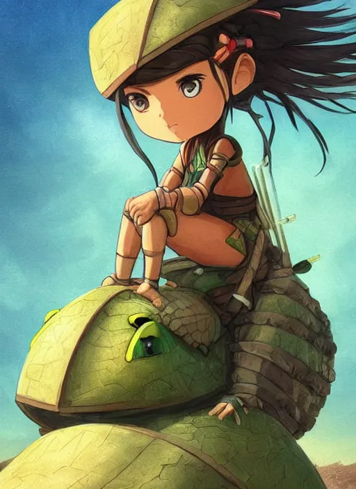 Prompt: portrait of a little warrior girl character sitting on top of a giant armored turtle in the desert, studio ghibli epic character with dark skin and beautiful green eyes, very beautiful detailed symmetrical face, long black hair, realistic legs, bright colors, diffuse light, dramatic landscape, fantasy illustration