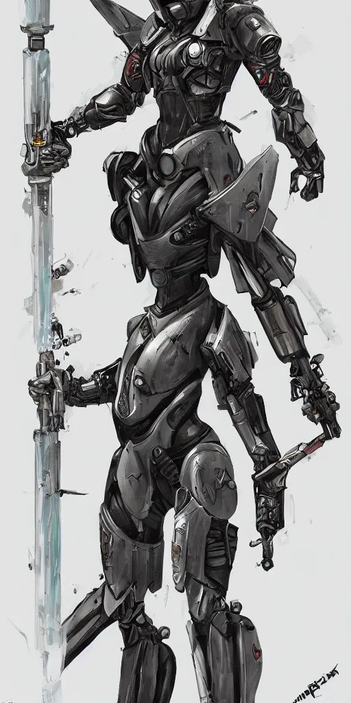 Image similar to valkyrie in a mech suit wielding a rocket-powered sword, artstation, digital art, concept art