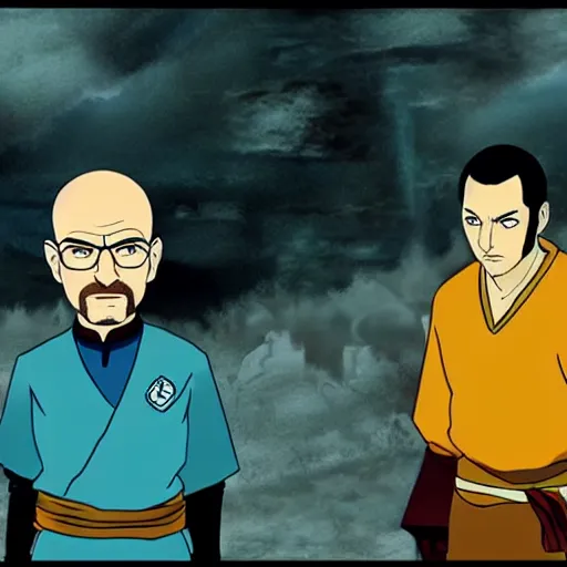 Image similar to Walter White and Jesse Pinkman in avatar the last Airbender, screenshot, still, digital art, highly detailed, in the style of Avatar the Last airbender, in the style of The Legend of Korra