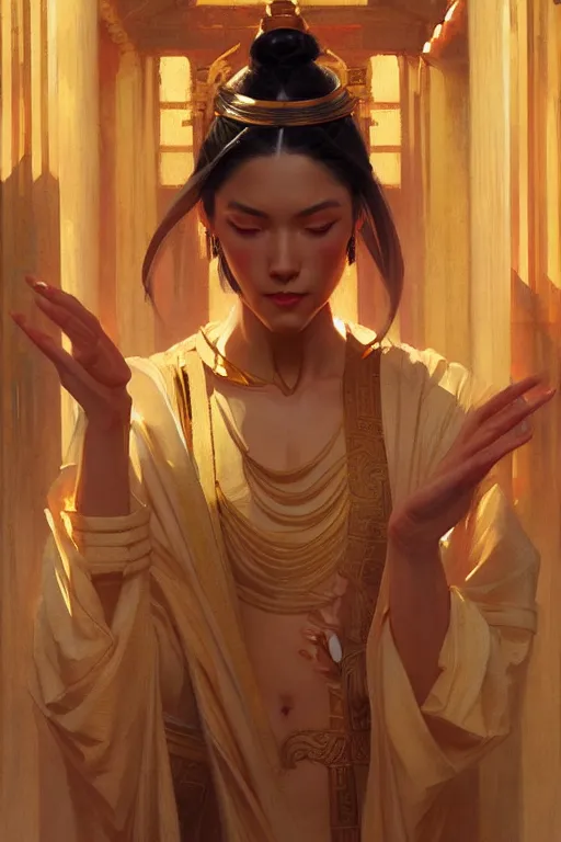 Image similar to temple, taoism, painting by greg rutkowski, j. c. leyendecker, artgerm