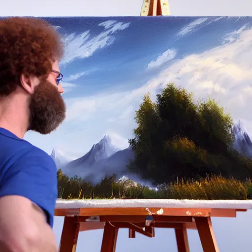 Image similar to a closeup photorealistic photograph of bob ross working on a canvas painting of spiderman. film still. brightly lit scene. mountains and trees. this 4 k hd image is trending on artstation, featured on behance, well - rendered, extra crisp, features intricate detail, epic composition and the style of unreal engine.