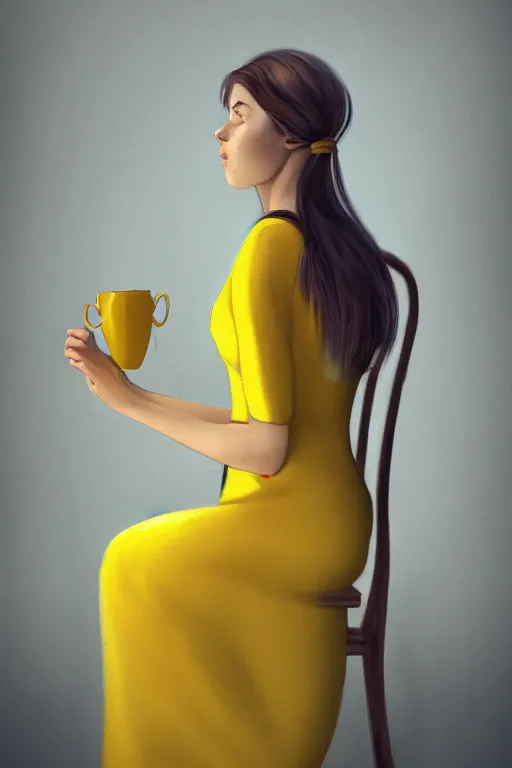 Prompt: a beautiful young woman sitting alone on a chair, she is wearing a yellow dress and holding a cup of tea in both hands, her hair is tied back and she is staring straight into the camera, digital art, oil on canvas, sharp focus, soft lightning, trending on artstation