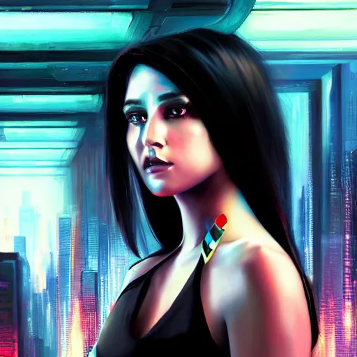 Image similar to a hyperrealistic painting of a beautiful girl, cyberpunk, highly detailed, sharp focus, synthwave