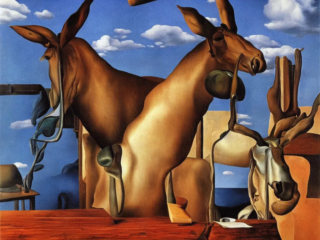 Image similar to a mule in the a rustic bar, by Salvador Dali, by Rene Magritte, award winning, amazing resolution.