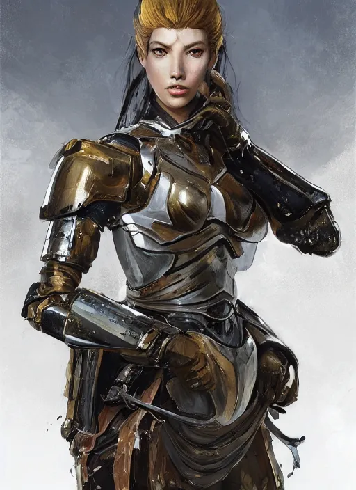 Image similar to a professional photographic portrait of a beautiful young female, clothed in battle armor, exposed waist, olive skin, long dark hair, beautiful bone structure, symmetrical facial features, intricate, elegant, digital painting, concept art, smooth, sharp focus, illustration, from Metal Gear, by Ruan Jia and Mandy Jurgens and Artgerm and William-Adolphe Bouguerea