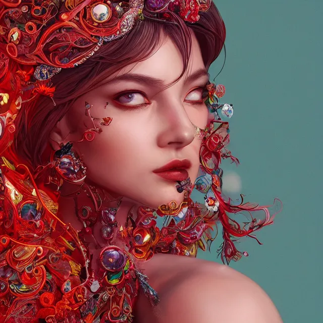 Image similar to an absurdly beautiful, elegant, young hypercolorful woman made of rubies and red gems, ultrafine hyperrealistic detailed face illustration by kim jung gi, irakli nadar, intricate linework, sharp focus, bright colors, matte, octopath traveler, final fantasy, unreal engine highly rendered, global illumination, radiant light, intricate environment