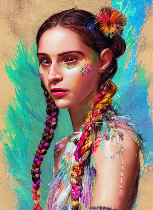 Prompt: beautiful portrait of a mediterranean female wearing fantastic Hand-dyed cotton dress, embellished beaded feather decorative fringe knots ,colorful pigtail,subtropical flowers and plants,symmetrical face,intricate,elegant, highly detailed, 8k,post-processing,digital painting, trending on pinterest, arper's bazaar,concept art, sharp focus, illustration, by artgerm,Tom Bagshaw,Lawrence Alma-Tadema,greg rutkowski,alphonse Mucha