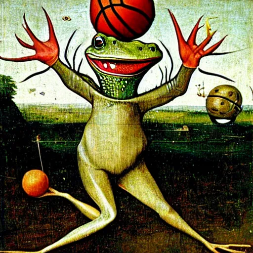 Prompt: a six foot tall anthropomorphic frog playing basketball, hieronymus bosch