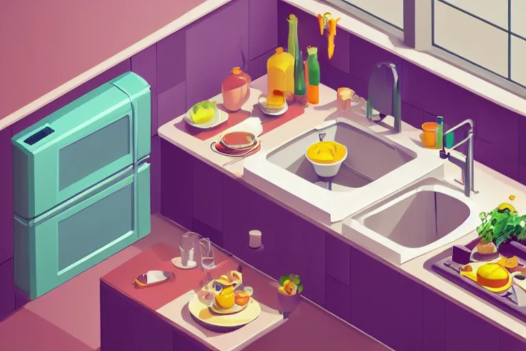 Image similar to cute kitchen, refrigerator, sink, isometric art, bright, artstation, highly detailed