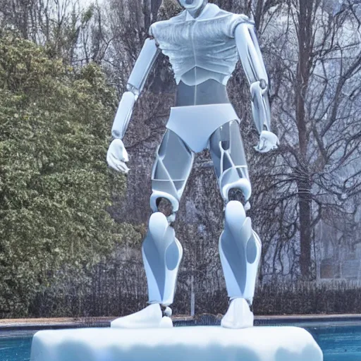 Image similar to made of ice, a realistic detailed photo of a guy who is an attractive humanoid who is half robot and half humanoid, who is a male android, on display, blank stare, showing off his muscles, shiny skin, posing like a statue, by the pool, frozen ice statue, f 1 driver pierre gasly, humanoid robot