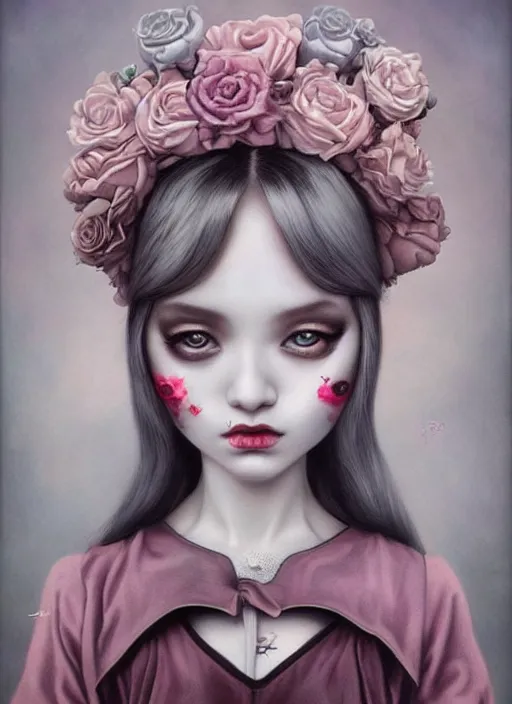 Image similar to pop surrealism, lowbrow art, realistic cute girl painting, japanese street fashion, hyper realism, muted colours, rococo, natalie shau, loreta lux, tom bagshaw, mark ryden, trevor brown style,