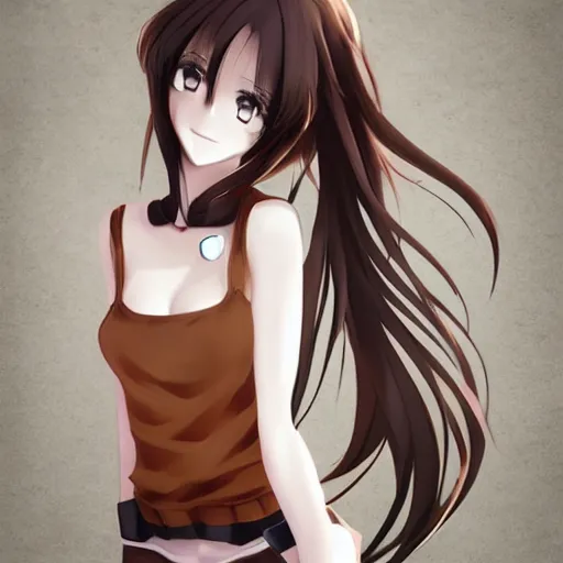 Image similar to 3d anime girl, wearing a tanktop, perfect body, wearing brown boots, long brown hair, gorgeous face, silver necklace, high quality anime art, trending on artstation