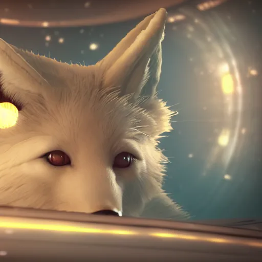 Image similar to a vintage photography of a kitsune fox inside a spaceship, realistic unreal engine 5