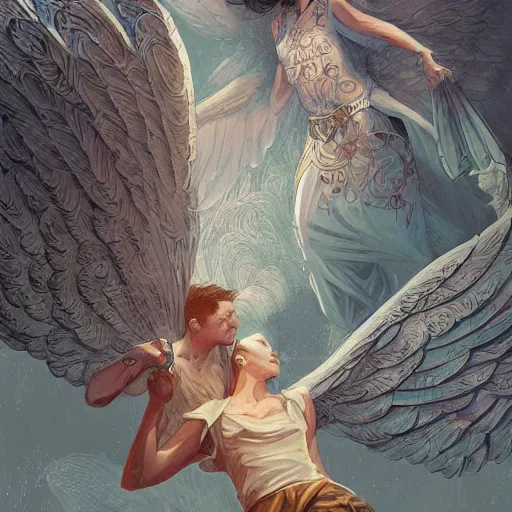 Image similar to angel protecting man, detailed intricate ink illustration, happy atmosphere, detailed illustration, hd, 4k, digital art, overdetailed art, by greg rutkowski, by loish, complementing colors, Trending on artstation, deviantart