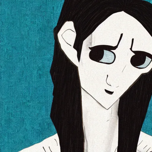 Image similar to young man portrait, black hair, skinny, sleep deprived, corpse bride art style