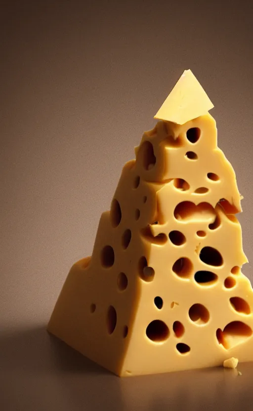 Image similar to A Pyramid made of cheese with a cat's head on top of it, high quality, extremely detailed, atmospheric octane render