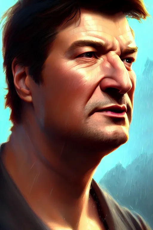 Prompt: ultra detailed close up facial portrait of nathan fillion, extremely detailed digital painting, in the style of fenghua zhong and ruan jia and jeremy lipking and peter mohrbacher, mystical colors, rim light, beautiful lighting, 8 k, stunning scene, raytracing, octane, trending on artstation