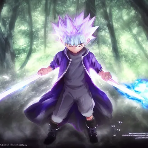 Image similar to killua electric lightning dark forest purple hunter x hunter greg rutkowski hd concept anime art