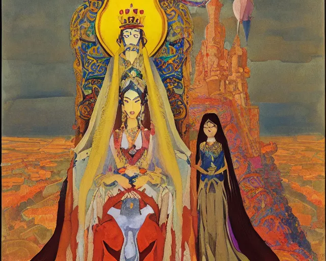 Image similar to an illustration of a queen wearing a dress and a crown, and a veil on a stone throne by nicholas roerich, by gustave moreau, by yoshitaka amano, by katsuhiro otomo, by georgia o keeffe, oil painting