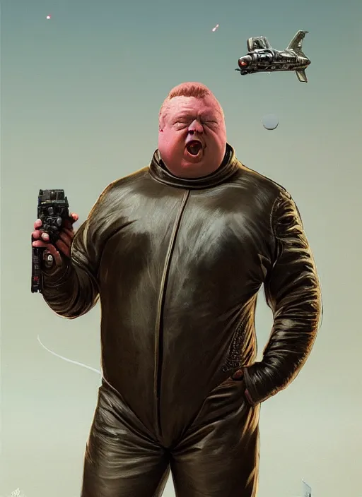 Image similar to upper body portrait of shaun ryder as baron harkonnen wearing a leather spacesuit floating in space and firing a retro ray gun, by normal rockwell, photoreal, character concept art, artstation