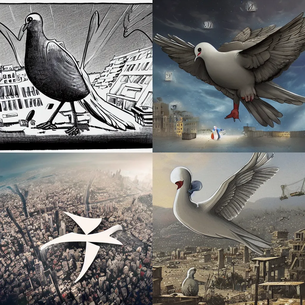 Prompt: giant dove with the words letter nikitos destroys a futuristic city