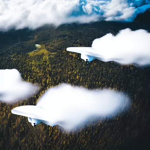 Prompt: cinematic areal shot of three drones flying through the clouds