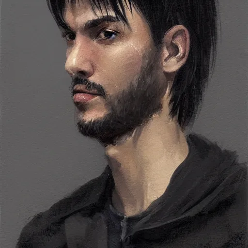 Image similar to portrait of a man by greg rutkowski, he is about 3 0 years old, short black hair with bangs, his features are a mix between french, turkish and russian, very tall and slender, he is wearing a beige and black utility jumpsuit, highly detailed portrait, digital painting, artstation, concept art, smooth, sharp foccus ilustration, artstation hq