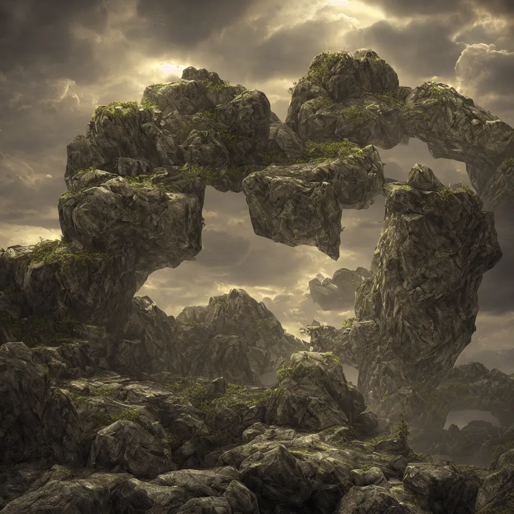 Image similar to Photorealistic epic landscape with magically floating rocks, with ominous storm clouds, strange levitating stones, stones falling from the sky, a gentle rising mist. occult photorealism, UHD, amazing depth, glowing, golden ratio, 3D octane cycle unreal engine 5, volumetric lighting, cinematic lighting, in the style of Michael Whelan and Gustave Dore. Hyperdetailed photorealism, epic scale, misty, 108 megapixels, amazing depth, glowing rich colors, powerful imagery, psychedelic Overtones, concept art