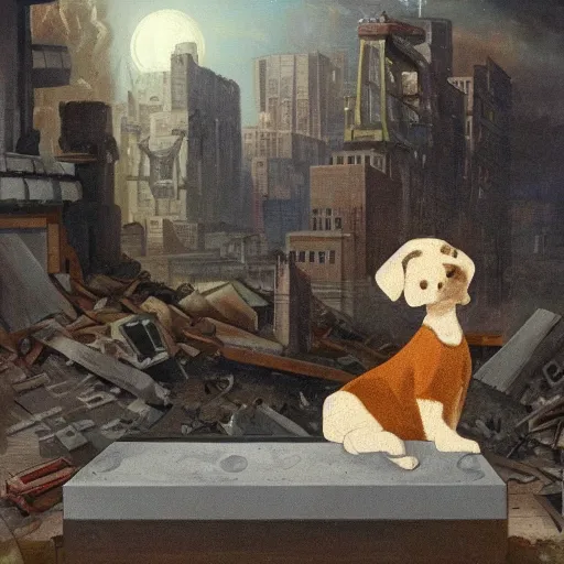 Prompt: a dog and a robot watching destroyed city from a rooftop, painting