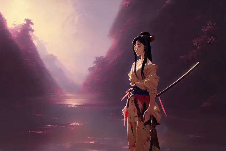 Image similar to baroque oil painting of anime key visual concept art of a samurai girl, very anime, stars vackground, trending on artstation, oil on canvas, style of makoto shinkai greg rutkowski studio ghibli