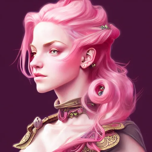 Image similar to aristocrat sad, female, d & d, fantasy, intricate, elegant, highly detailed, pink hair, digital painting, artstation, octane render, concept art, matte, sharp focus, illustration, hearthstone, art by artgerm, alphonse mucha johannes voss