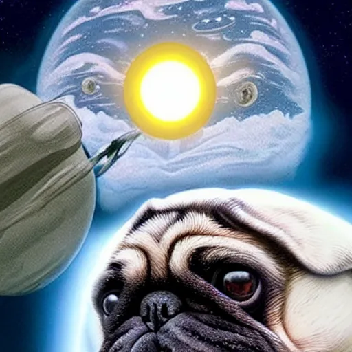 Image similar to hyper realistic, highly detailed, astronaut pug in space. solar eclipse in back.