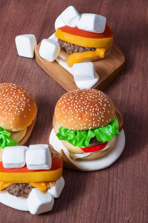 Image similar to cheeseburger made of marshmallows , hd,