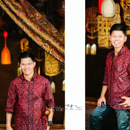 Image similar to A Photo Portrait of Joe Wearing Indonesian Batik Tulis at a fancy Balinese restaurant, award winning photography, sigma 85mm Lens F/1.4, blurred background, perfect faces