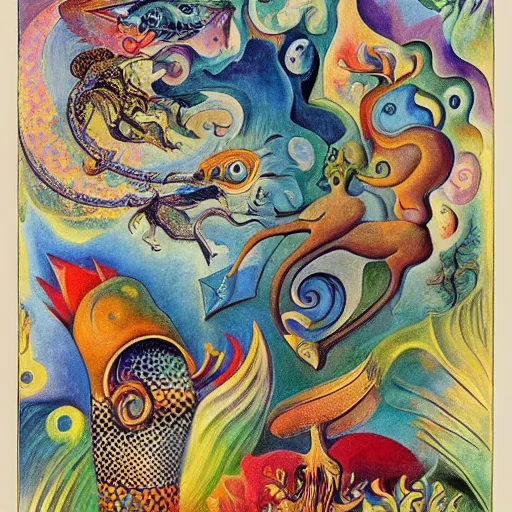 Image similar to strange mythical beasts of whimsy, surreal oil painting by ronny khalil and kandinsky, drawn by ernst haeckel, as an offering to zeus