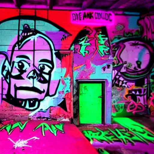 Prompt: die antwoord inside a dark house zef design graffiti, neon uv lighting