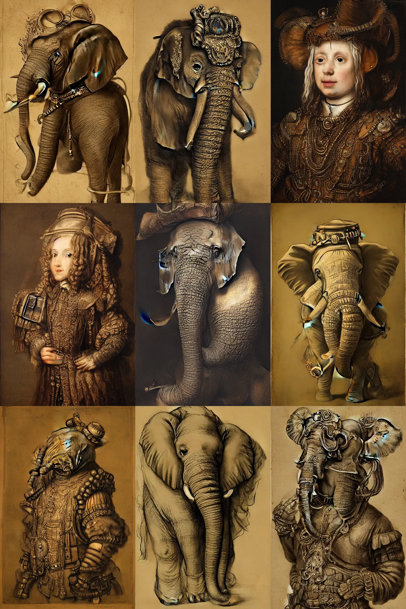 Prompt: a beautiful 17th century portrait of a elephant in steampunk clothing, detailed, realistic, rembrandt lightning, trending on Artstation