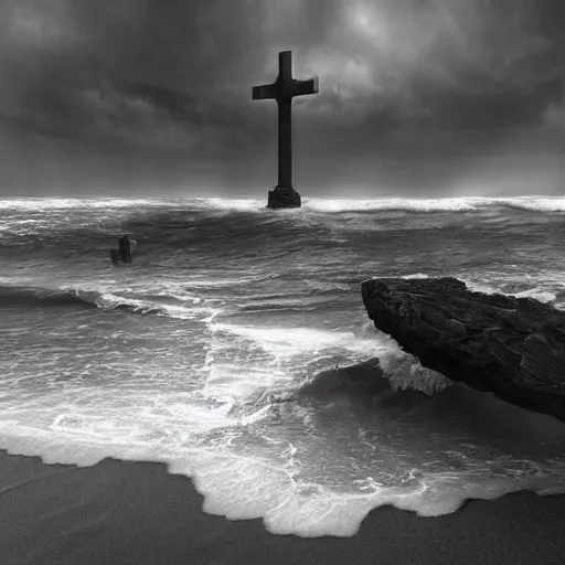 Prompt: a highly detailed black and white matte painting of a large cross standing on the beach as a storm comes in with the tide, woman sitting in the sand watching the ocean, epic fantasy, god rays, rocky beach, ultrawide lense, aerial photography, unreal engine, exquisite detail, 8 k, art by albert bierstadt and greg rutkowski and alphonse mucha