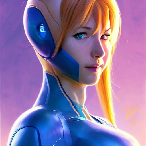 Image similar to head and shoulders portrait of Zero Suit Samus, semi realistic, digital illustration, fantasy, medium shot, intricate, elegant, highly detailed, digital painting, volumetric light, artstation, concept art, smooth, sharp focus, art by Sachin Teng and Fernanda Suarez and Greg Manchess and Alphonse Mucha