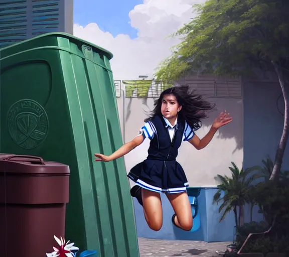 Image similar to portrait of an Italian Mexican teen female schoolgirl wearing a navy and white sepuku uniform and jumping outside a green trashbin in Kalakaua avenue in Waikiki by James Jean, intricate, elegant, highly detailed, centered, digital painting, artstation, concept art, smooth, sharp focus, illustration, by Peter Mohrbacher, WLOP