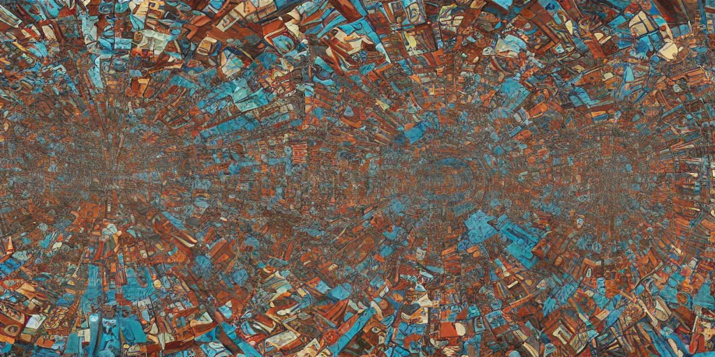 Image similar to three point perspective, 3 6 0 panorama escher style pattern of colorful faces with the texture of old rust