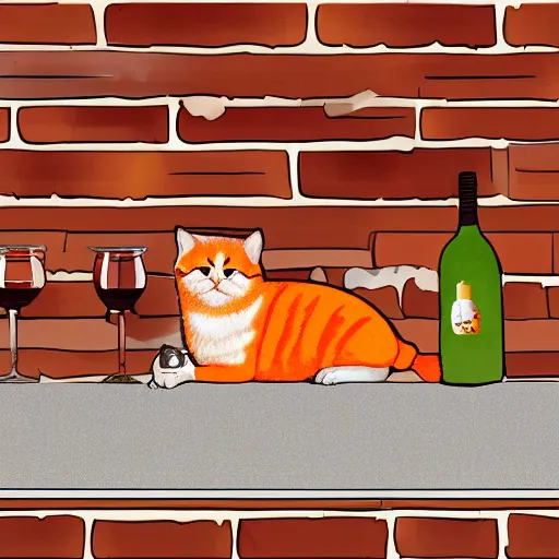 Prompt: an orange cat and a Pomeranian stuffed into a clear wine bottle on the mantle of a brick fireplace, digital illustration