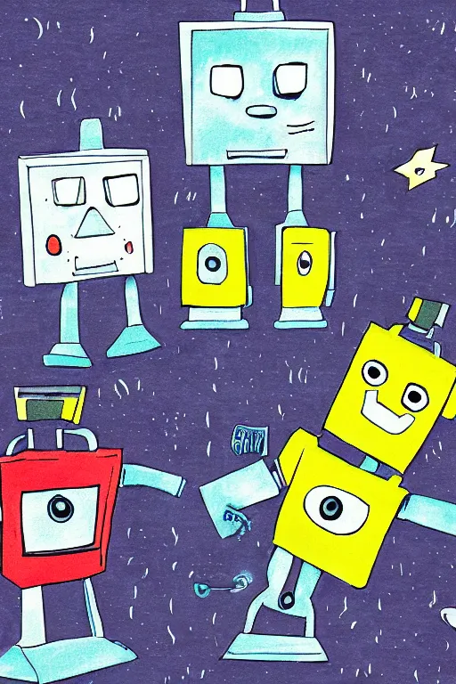 Prompt: children's book illustration of robots watching tv