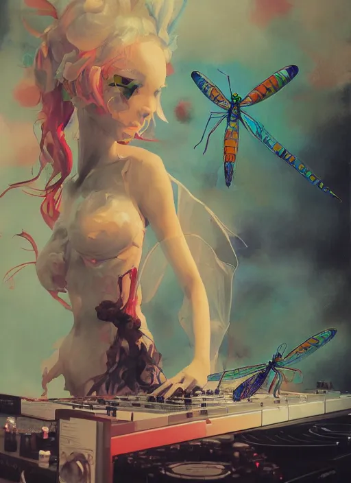 Image similar to surreal gouache painting, by yoshitaka amano, by ruan jia, by conrad roset, by good smile company, detailed anime 3d render of a dragonfly on a DJ mixer, portrait, cgsociety, artstation, rococo mechanical and eletronic, dieselpunk atmosphere