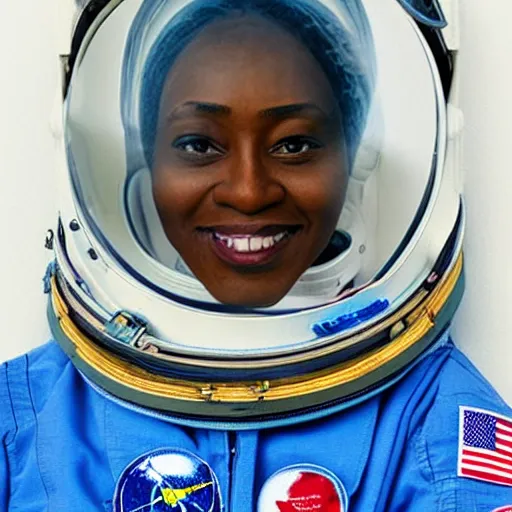 Image similar to “nigerian female astronaut on board international space station wearing space suit and translucent helmet, highly detailed, fish eye lens, in the style of Edward hooper oil painting”