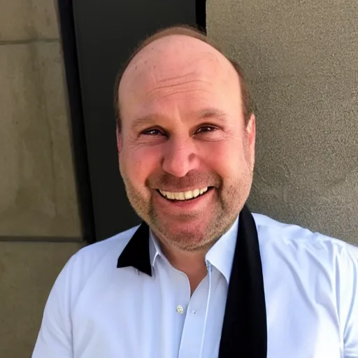 Image similar to color photograph of a balding, middle aged, brown haired, hairy, blue eyed, round faced, short and slightly fat white man dressed in a white shirt, grey pants and black dress shoes smiling at the camera with perfect, straight white teeth